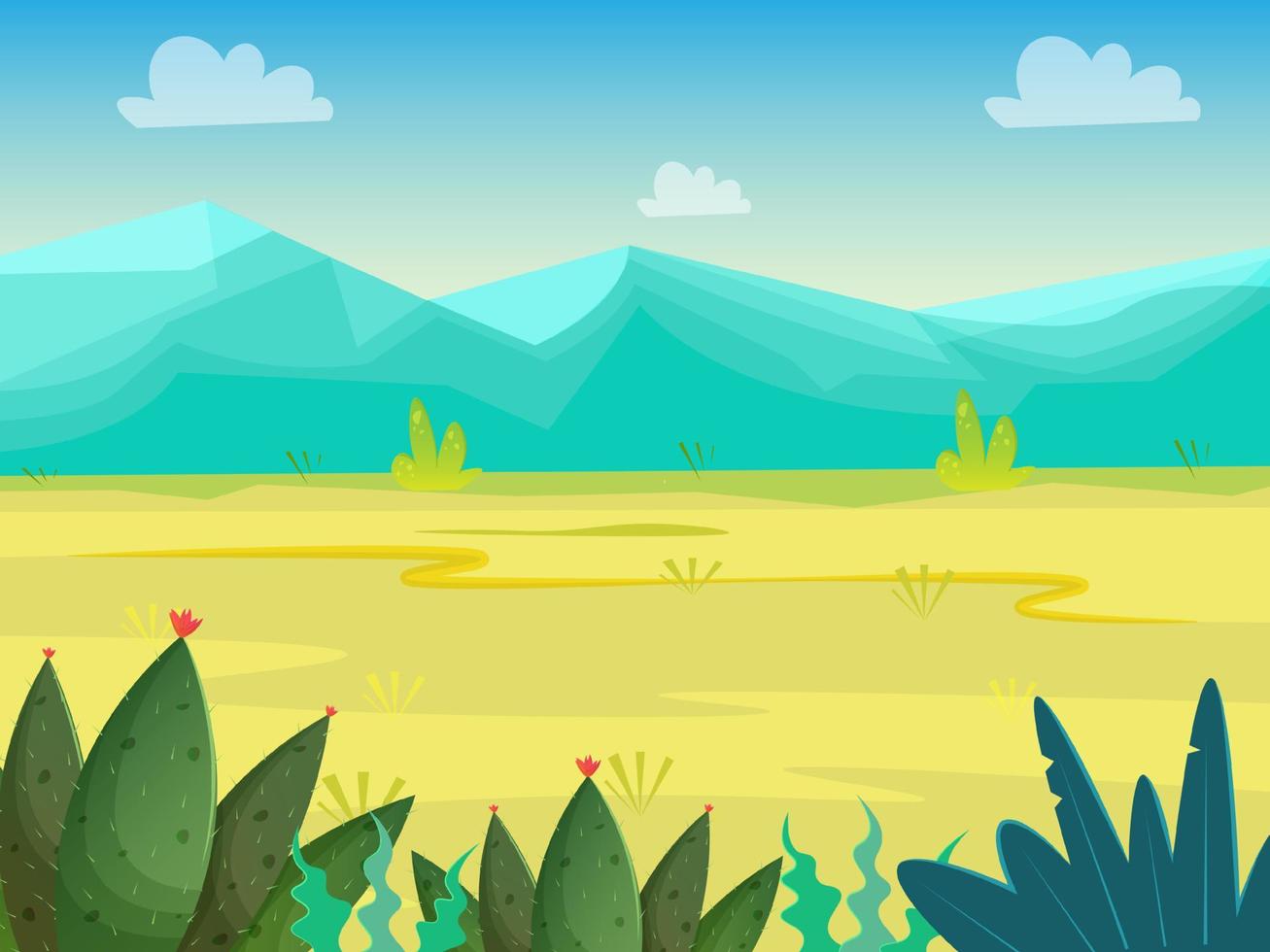 North american prairie landscape with mountains and cacti. Cartoon vector background.