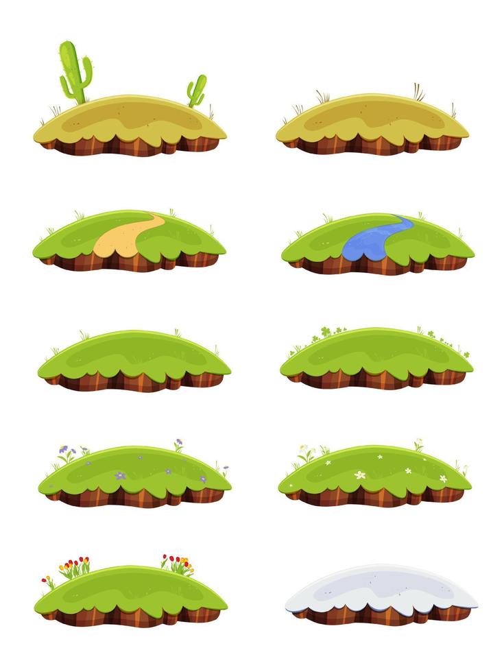 Set of island landscapes with green grass, snow and praire plants. Location icons for mobile games. vector