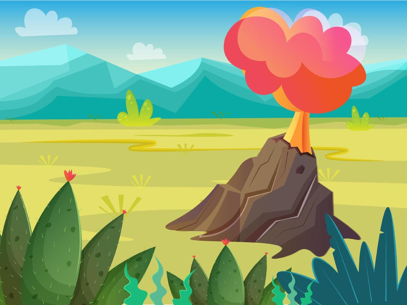 Jurassic era landscape with erupting volcano. Cartoon vector landscape.