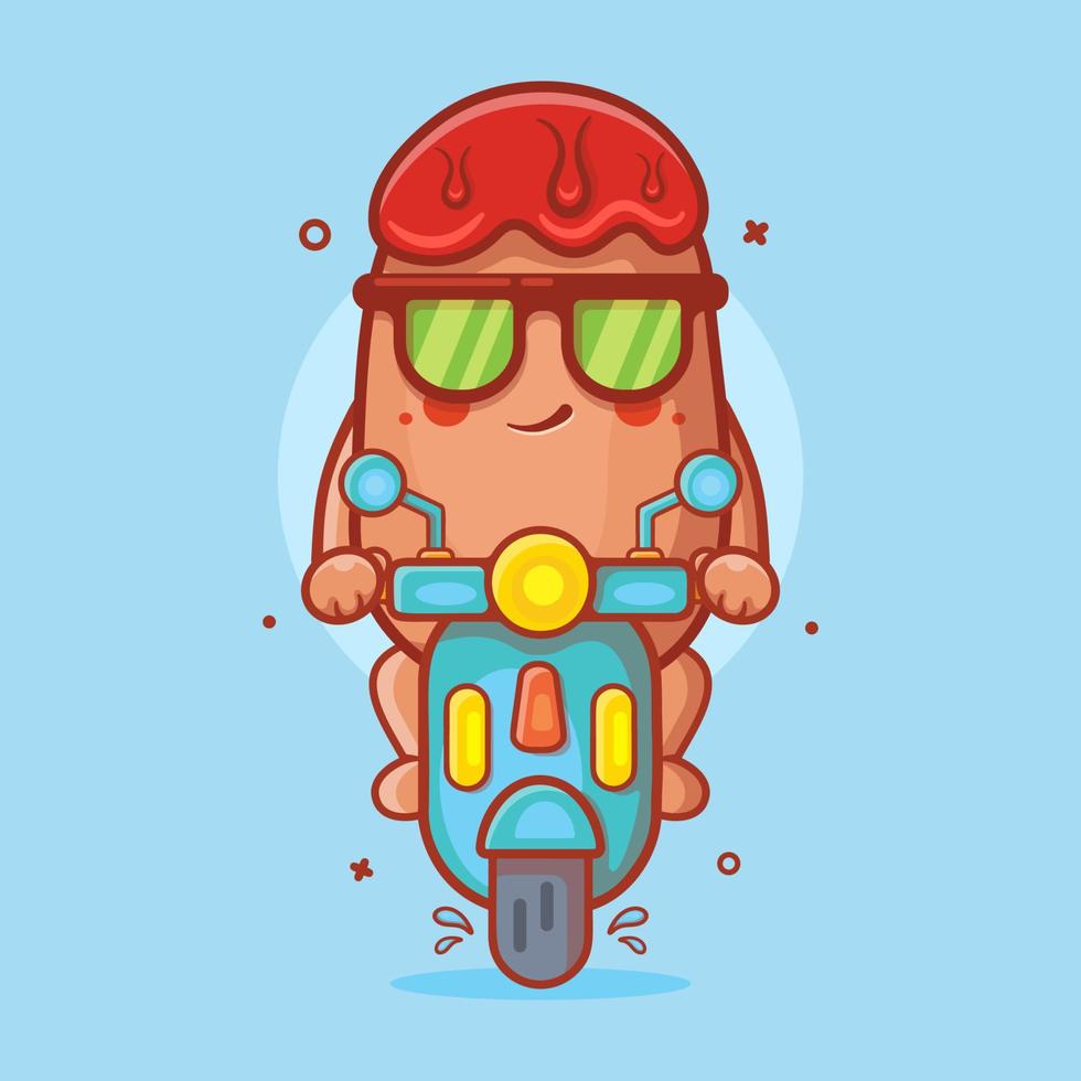 cool corn dog food character mascot riding scooter motorcycle isolated cartoon in flat style design vector