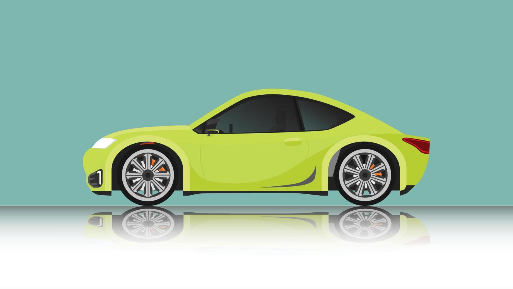 ilustración vectorial conceptual del lado detallado de un auto deportivo verde plano. con la sombra del coche reflejada desde el suelo. y fondo verde suave aislado. vector