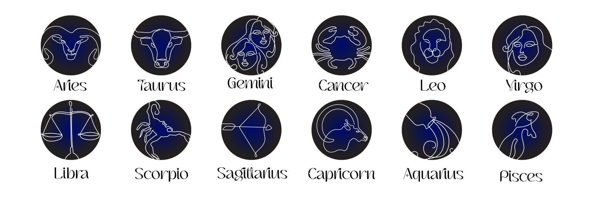 signos astrológicos del zodíaco en estilo de arte en línea en el símbolo de astrología zodiak azul oscuro vector