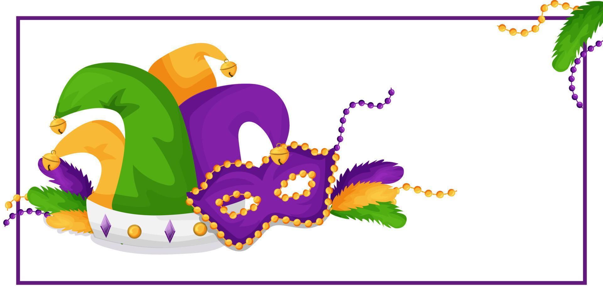 Mardi Gras. plantilla de banner para publicidad, diseño web, sitios, aplicaciones, con cuentas, máscara de carnaval y plumas, para embalaje, impresión. ilustración vectorial vector