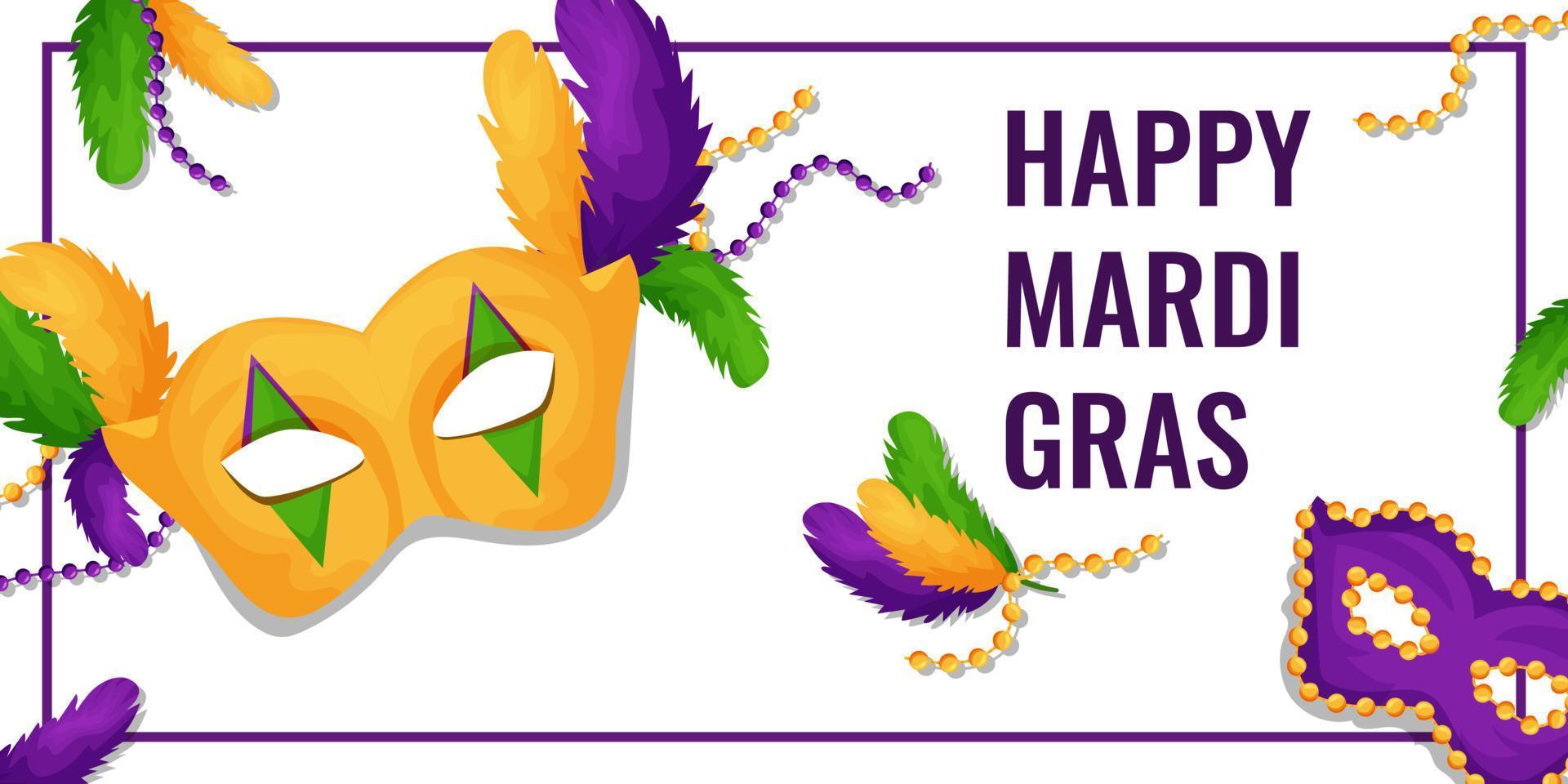 Mardi Gras. plantilla de banner para publicidad, diseño web, sitios, aplicaciones, con cuentas, máscara de carnaval y plumas, para embalaje, impresión. ilustración vectorial vector