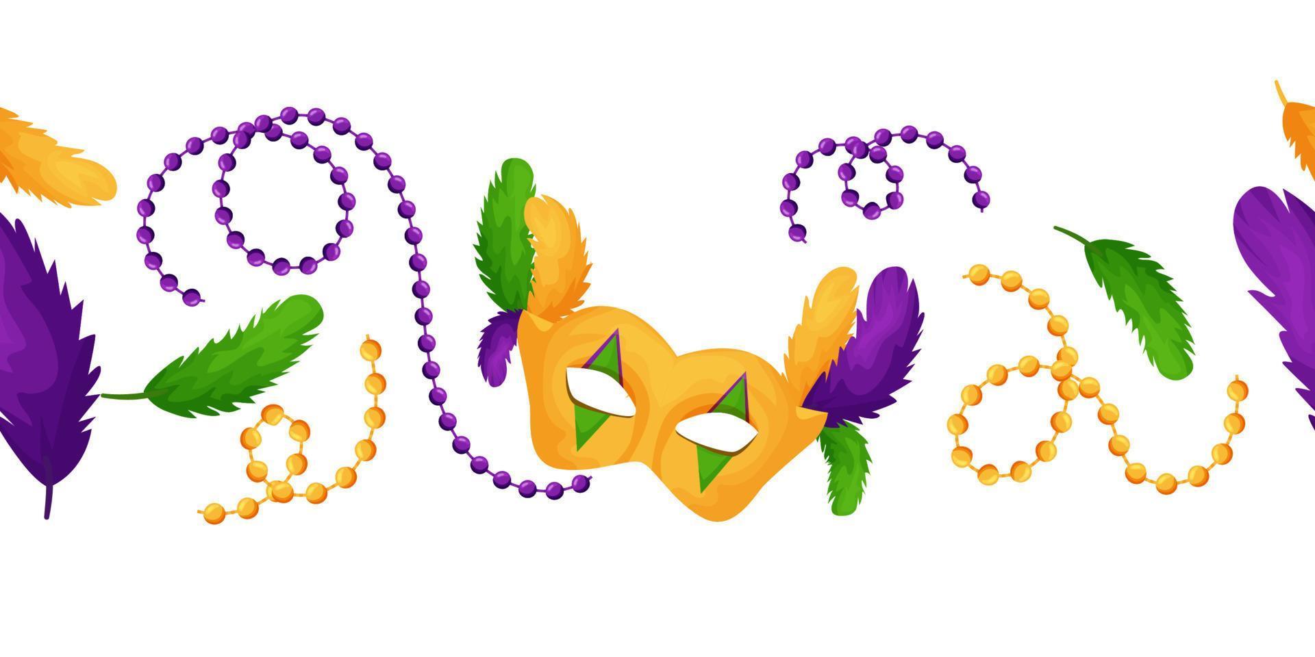 mardi gras. border, ornament with beads, carnival mask and feathers, for packaging, printing. Vector illustration