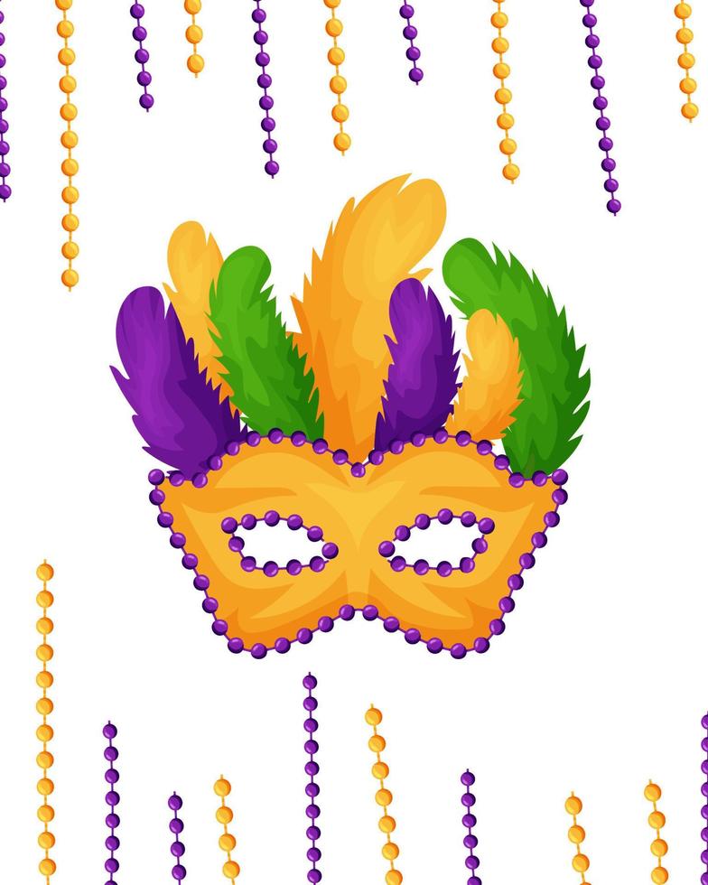 plantilla de mardi gras para postal, banner, invitación. máscara de carnaval con plumas y cuentas. ilustración vectorial vector
