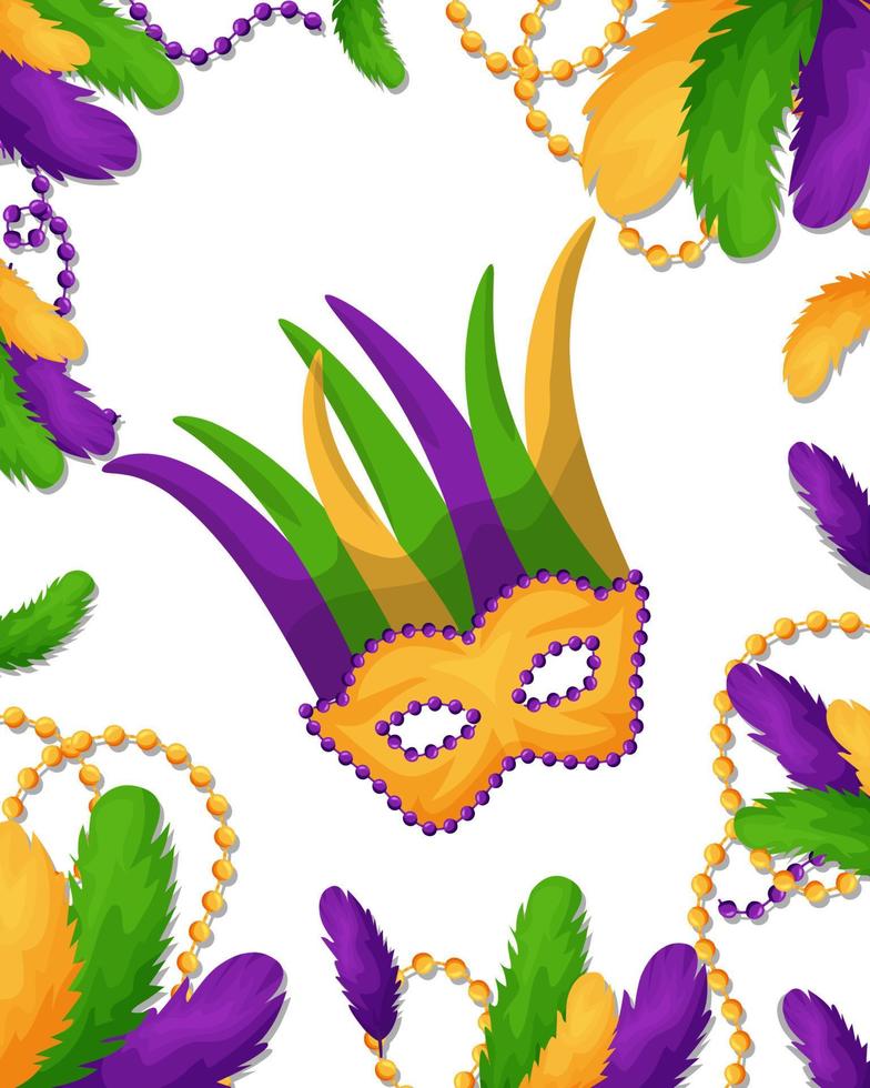 plantilla de mardi gras para postal, banner, invitación. máscara de carnaval con plumas y cuentas. ilustración vectorial vector