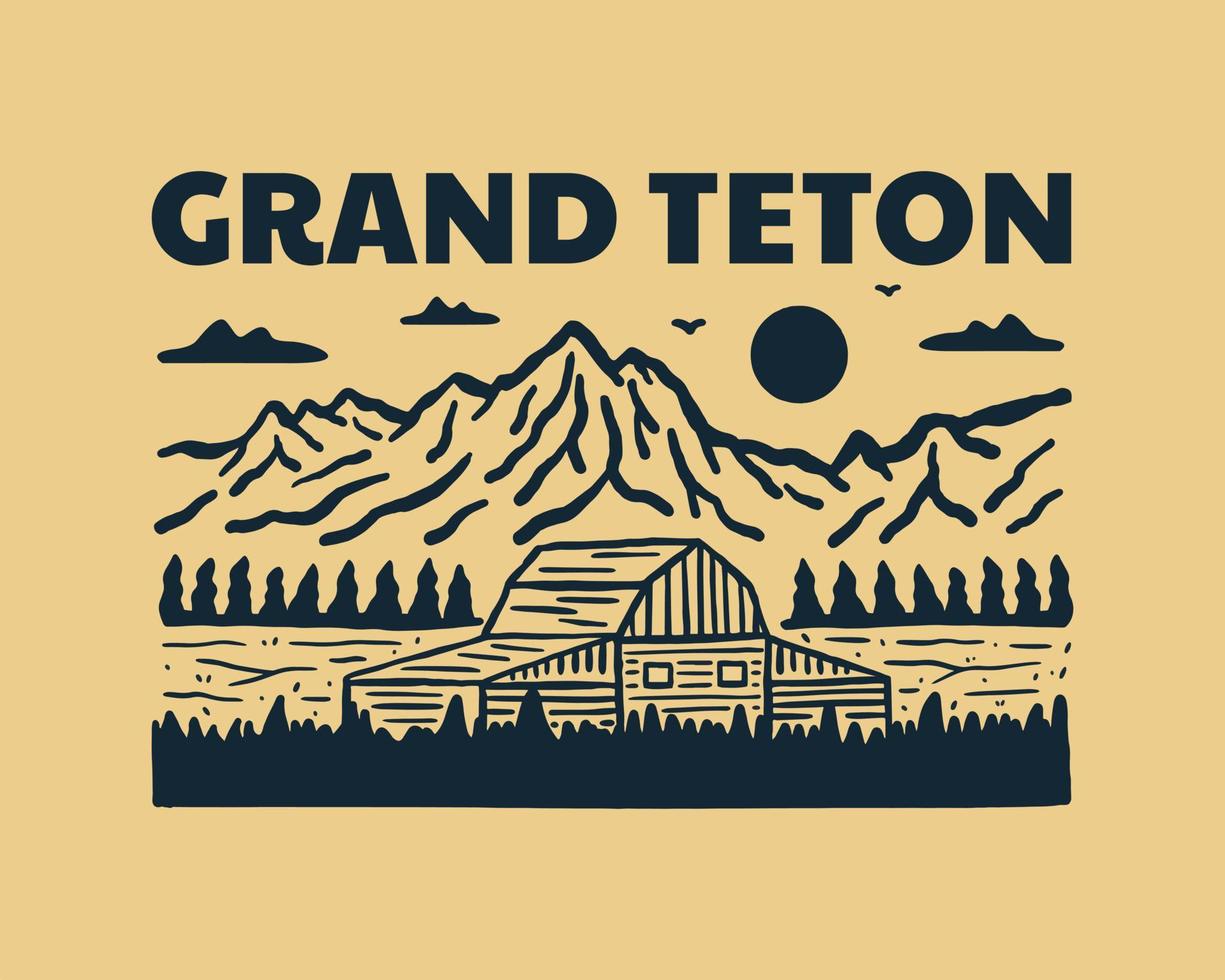 ilustración vintage del diseño del parque nacional grand teton de wyoming para insignias, emblemas, parches, camisetas, etc. vector