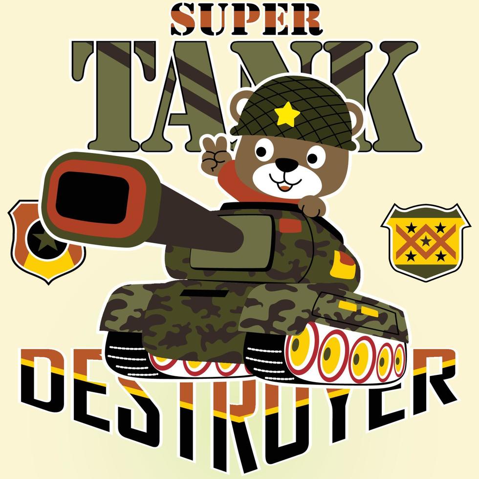 Cute bear on armored vehicle with military elements, vector cartoon illustration