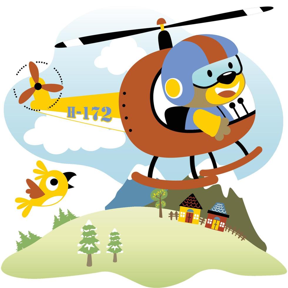Cute bear on helicopter with little bird flying across village, vector cartoon illustration
