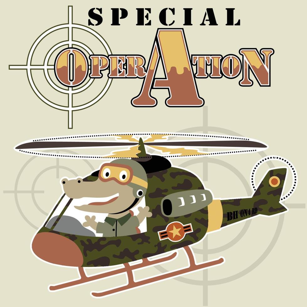 Funny crocodile on military helicopter, vector cartoon illustration
