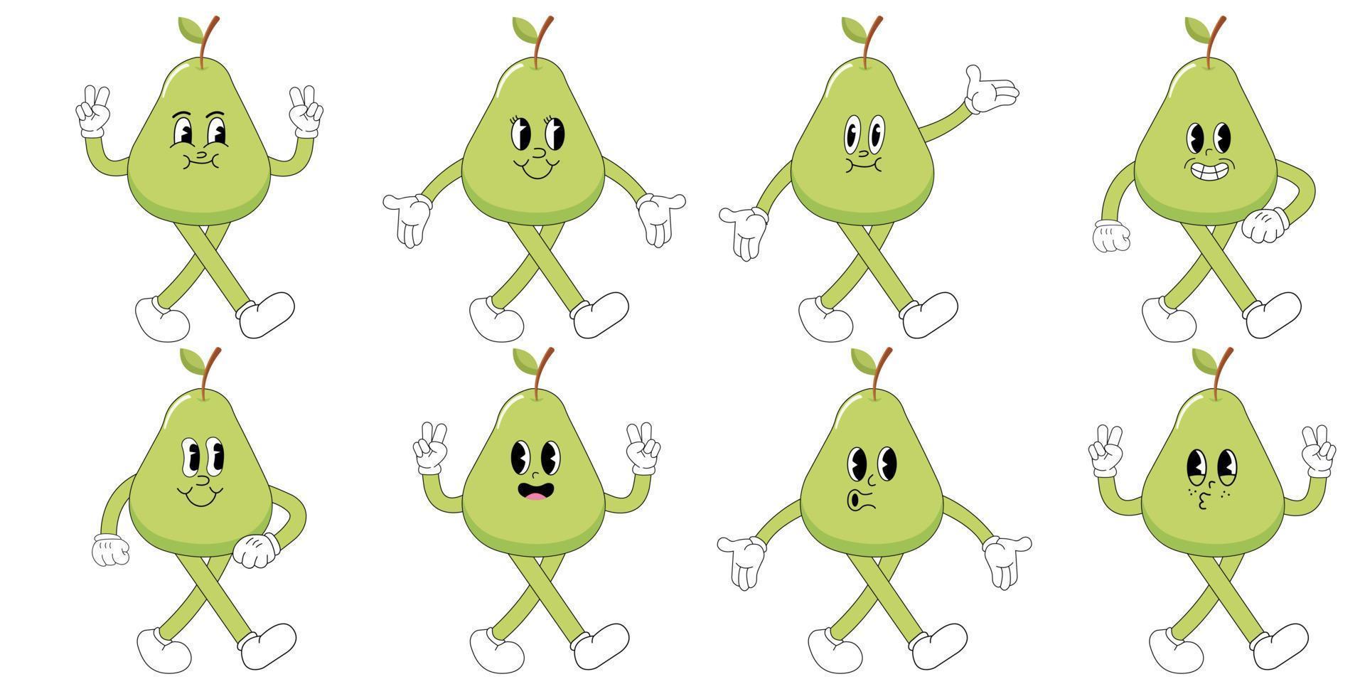 A Set of pear cartoon groovy stickers with funny comic characters, gloved hands. Modern illustration with legs and arms. vector