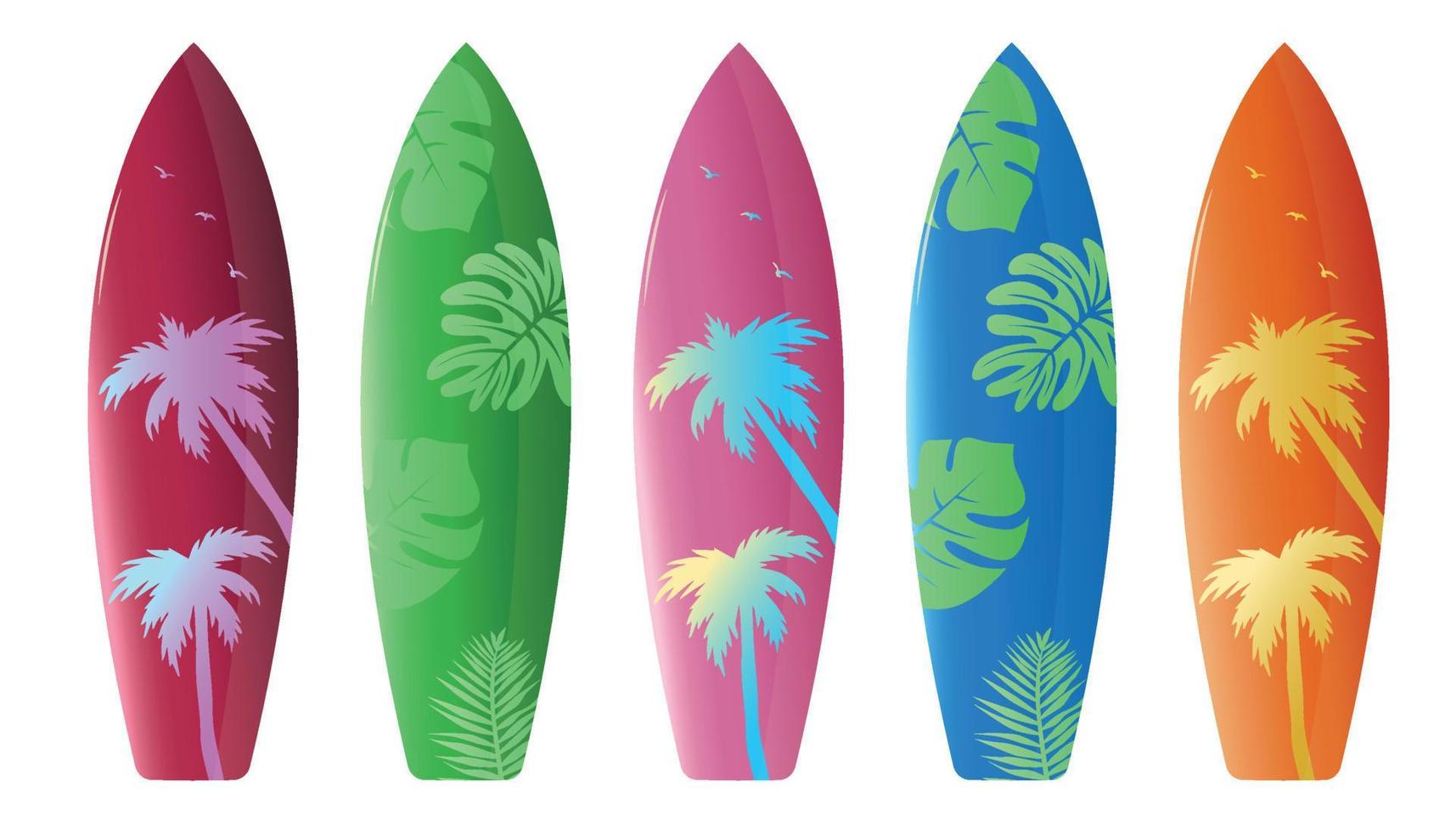 diseño de conjunto de vectores de tablas de surf de verano. tablas de surf en decoración de patrones coloridos aisladas en fondo blanco para la colección de diseños de actividades de verano. ilustración vectorial