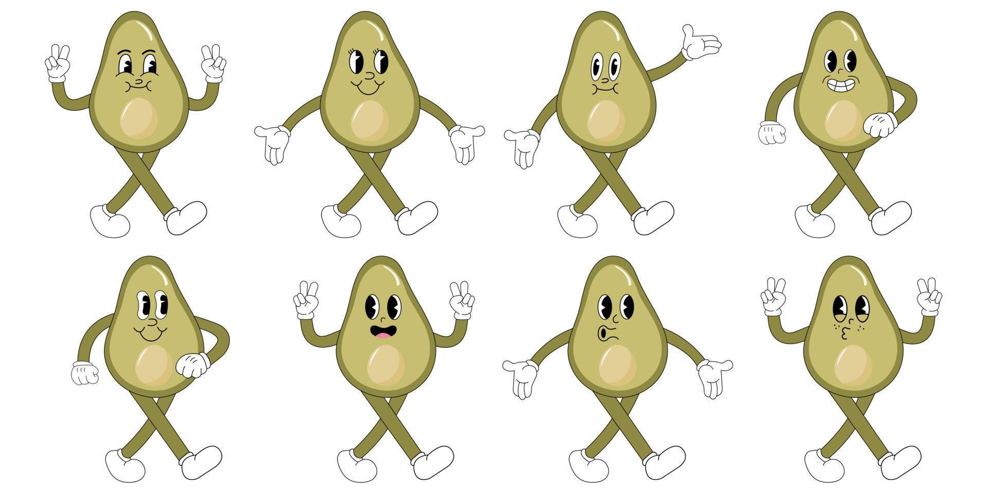 A Set of avocado cartoon groovy stickers with funny comic characters, gloved hands. Modern illustration with legs and arms. vector