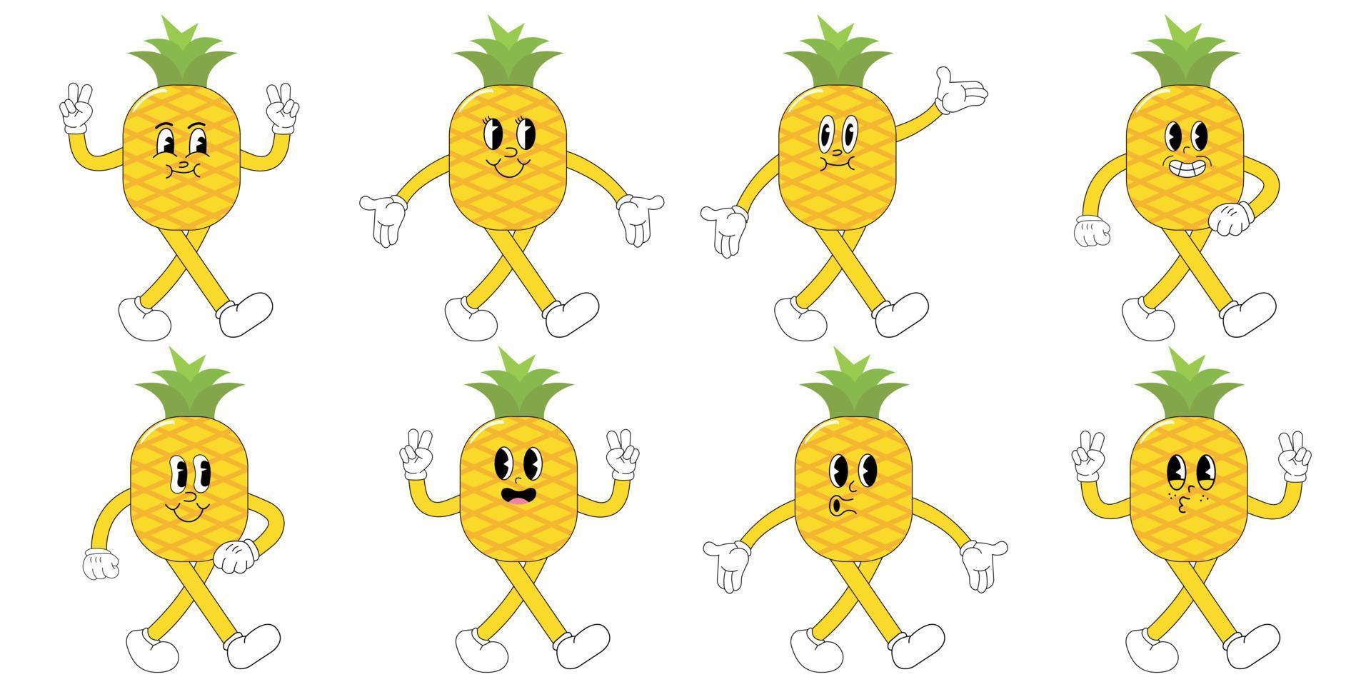 A Set of pineapple cartoon groovy stickers with funny comic characters, gloved hands. Modern illustration with legs and arms. vector