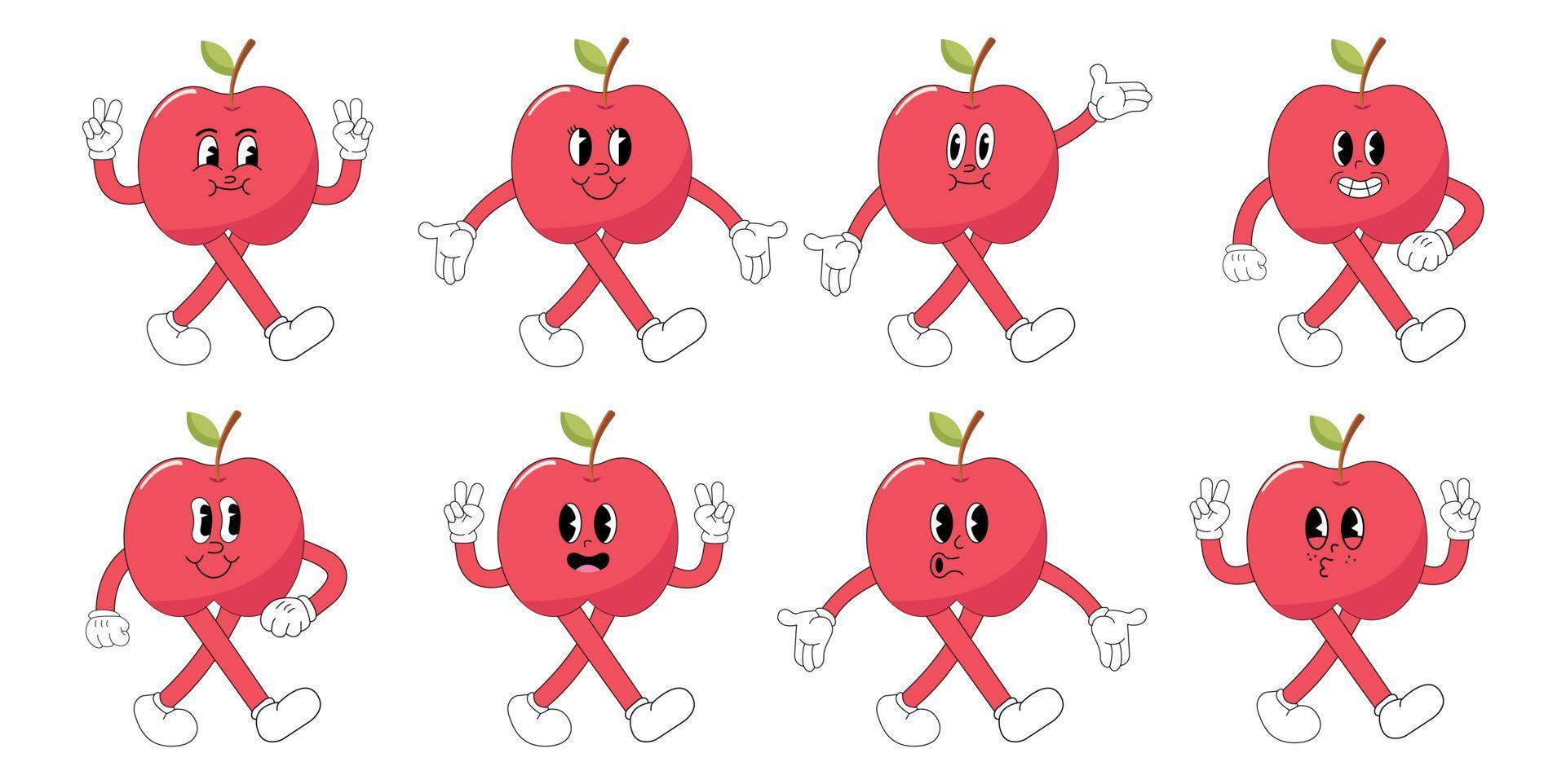 Set apple cartoon stickers with funny comic characters, gloved hands. Modern illustration with cute vector