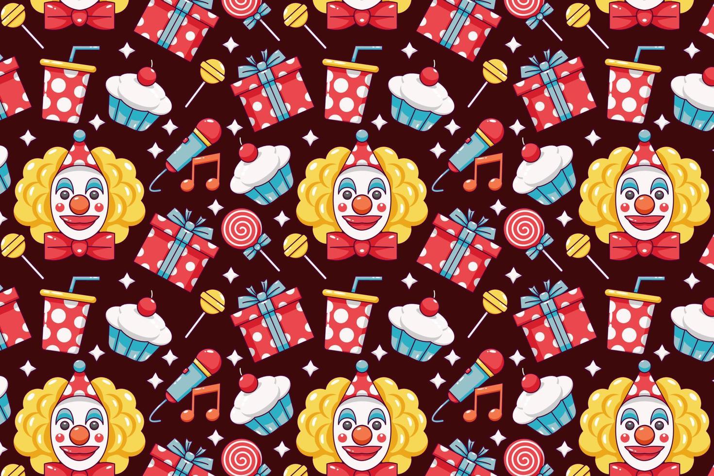 Happy Birthday. Patterns of cake, clown, ice cream, balloons, gifts, wine and candy vector