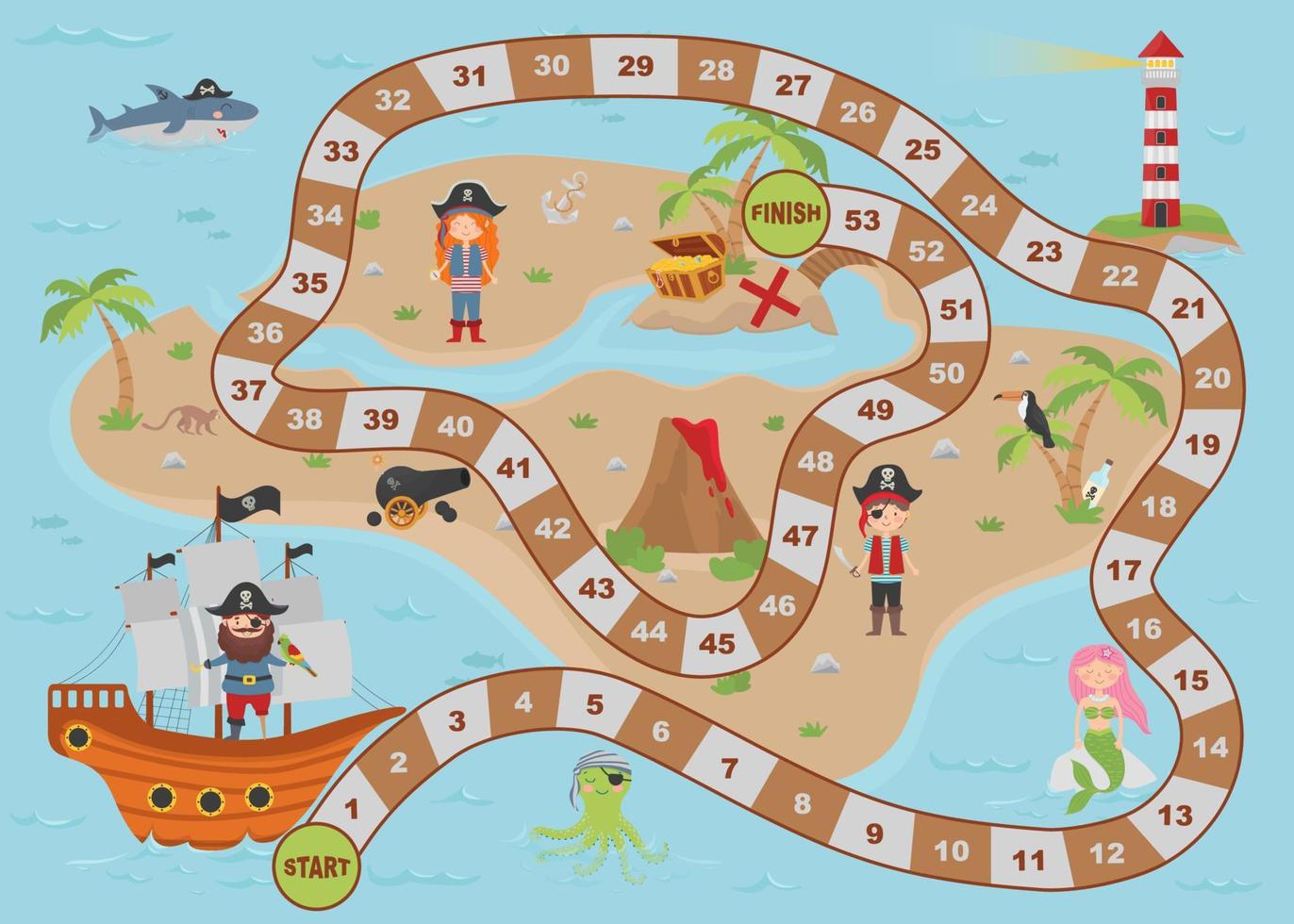 Cartoon pirate treasure map for children. Board game. The map has a cute mermaid, pirates, an octopus, a shark, a lighthouse, a treasure island, a chest and a ship. vector