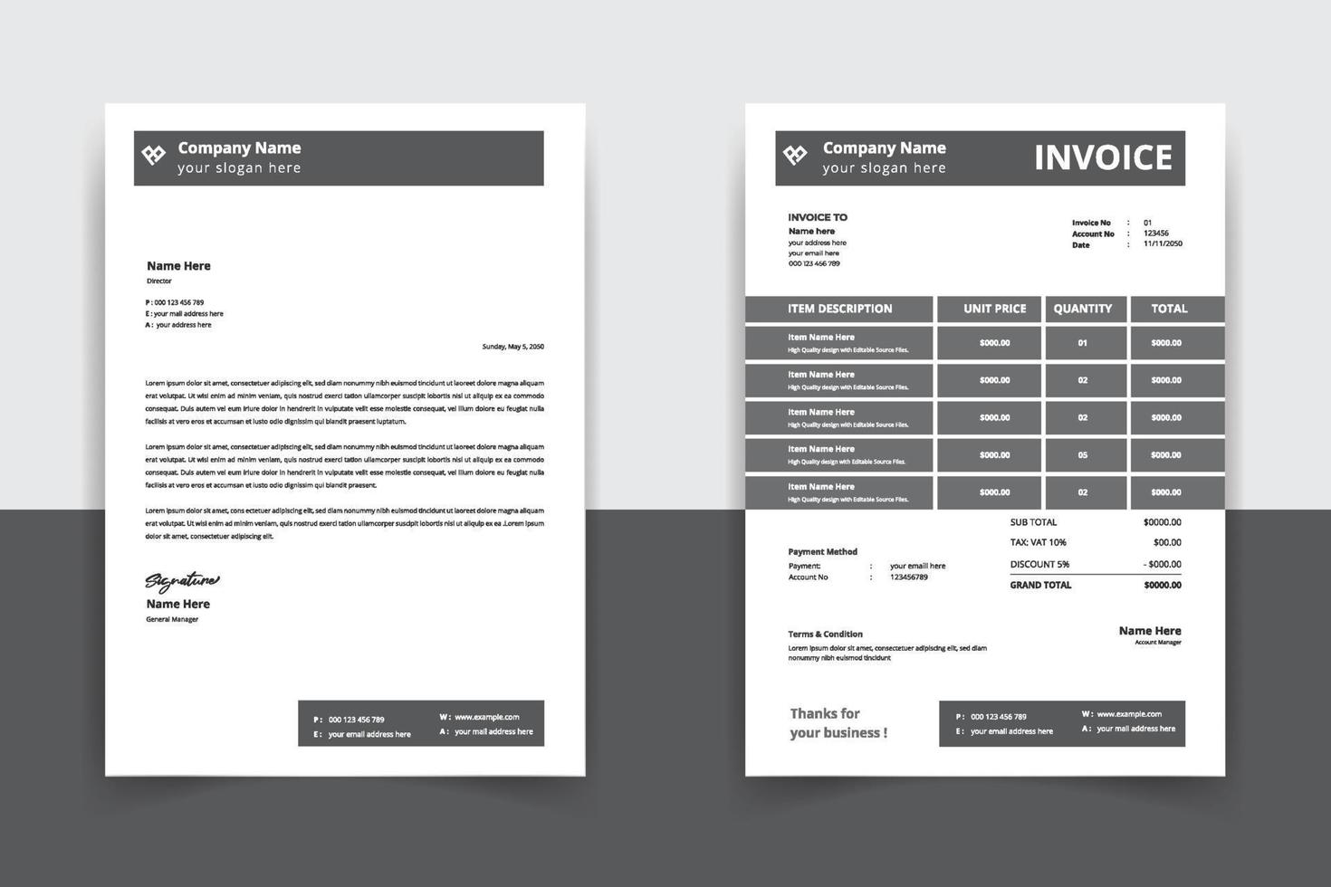 Modern company Letterhead and invoice template, white invoice and letterhead template, one color letter head design vector