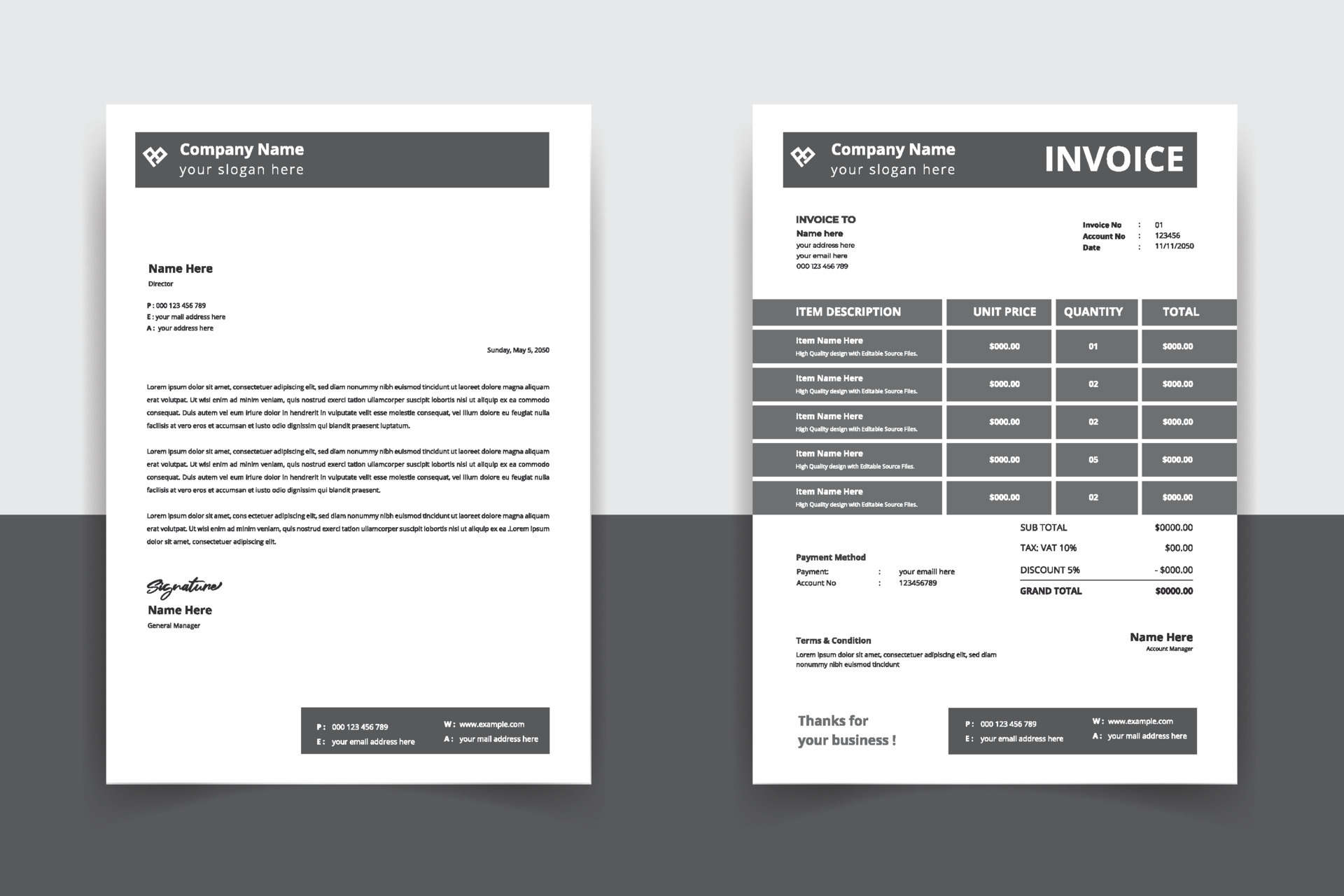 Modern company Letterhead and invoice template white invoice and