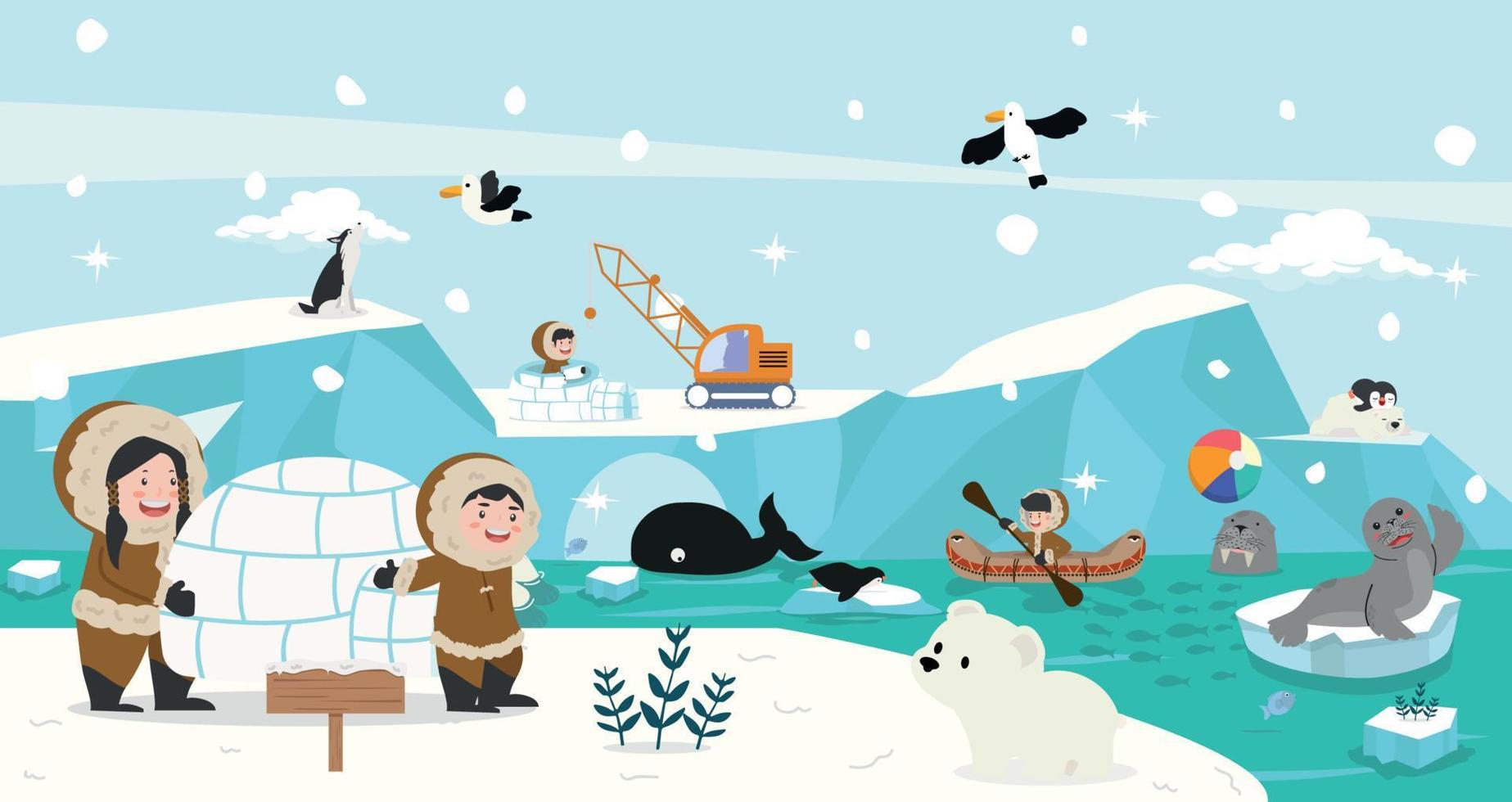Eskimo with Artic animal of Iceberg background vector