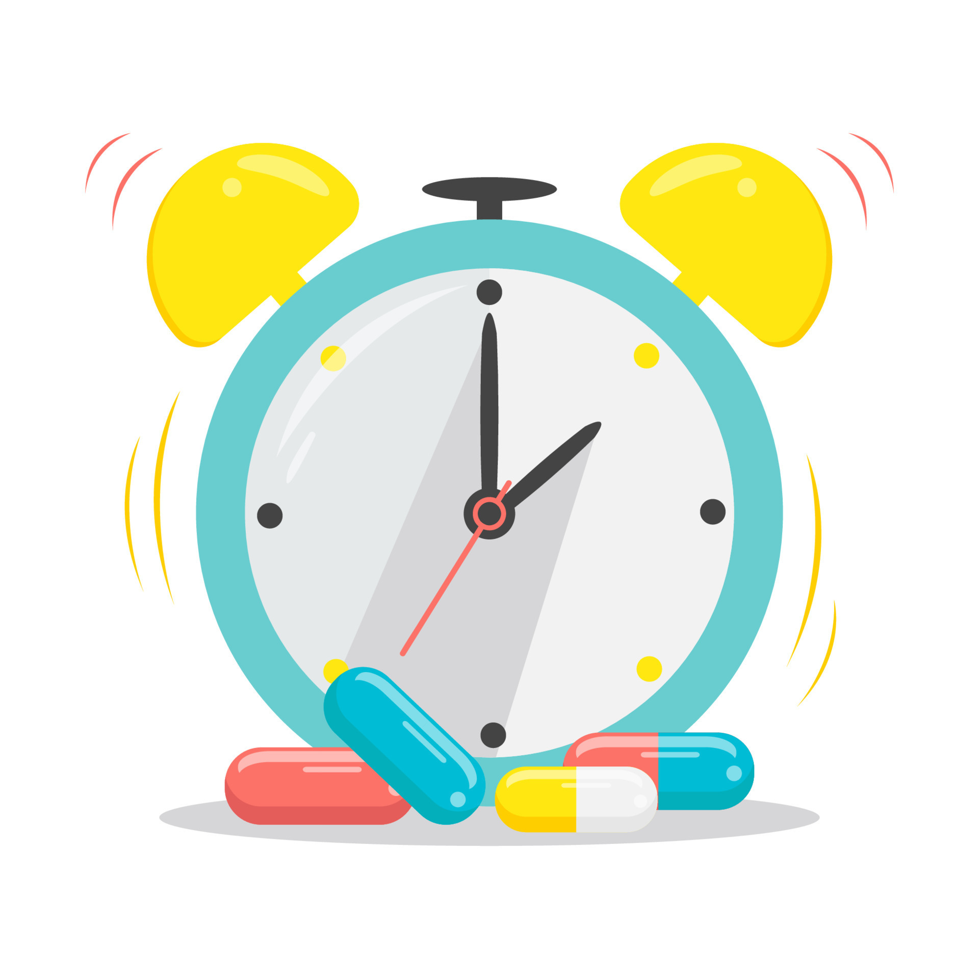 hora de tomar la dosis del medicamento. despertador con pastillas. concepto de curso de