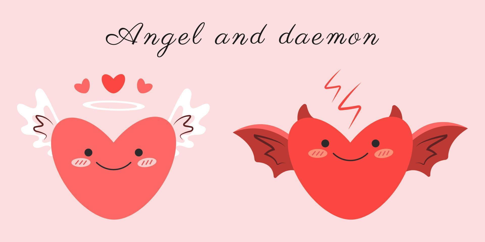 Angel and demon. Hearts characters for your design by Valentine's day. Vector illustration.