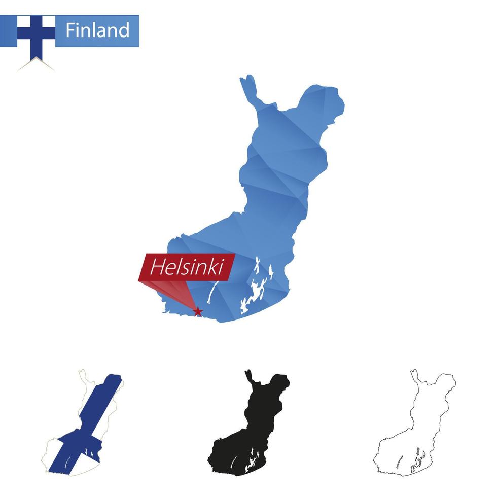 Finland blue Low Poly map with capital Helsinki. vector