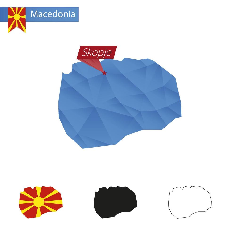 Macedonia blue Low Poly map with capital Skopje. vector