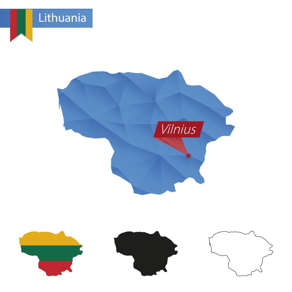 Lithuania blue Low Poly map with capital Vilnius. vector