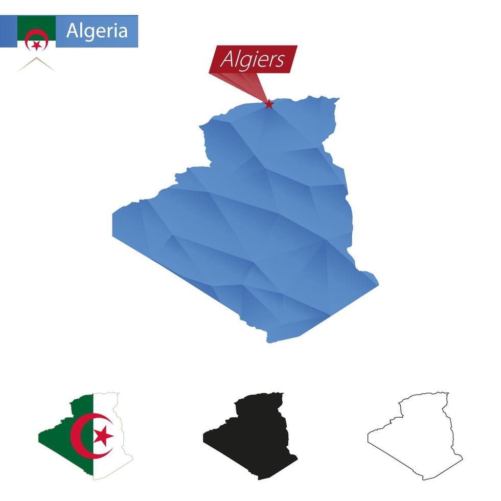 Algeria blue Low Poly map with capital Algiers. vector