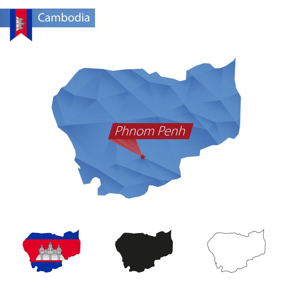 Mapa polivinílico bajo azul de Camboya con la capital Phnom Penh. vector