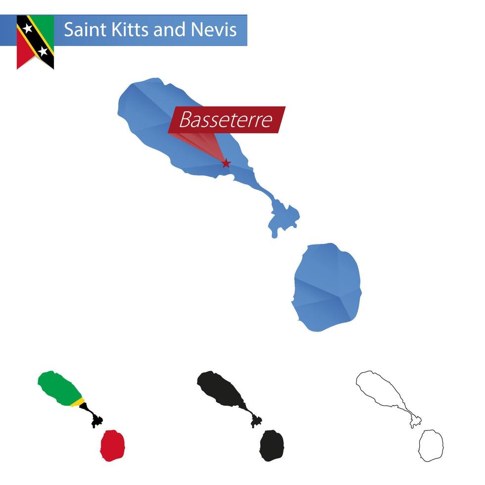 Saint Kitts and Nevis blue Low Poly map with capital Basseterre. vector