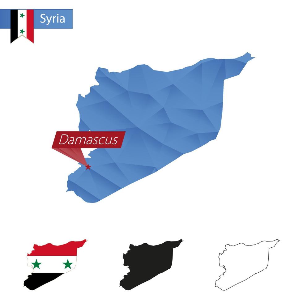 Mapa polivinílico bajo azul de siria con capital damasco. vector