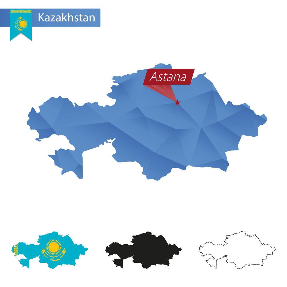 Kazakhstan blue Low Poly map with capital Astana. vector