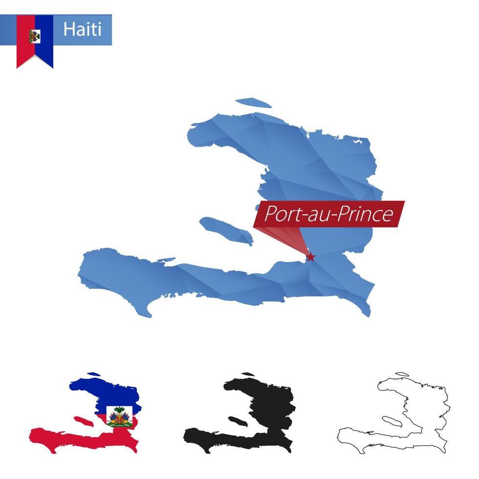 Mapa polivinílico bajo azul de Haití con capital Puerto Príncipe. vector