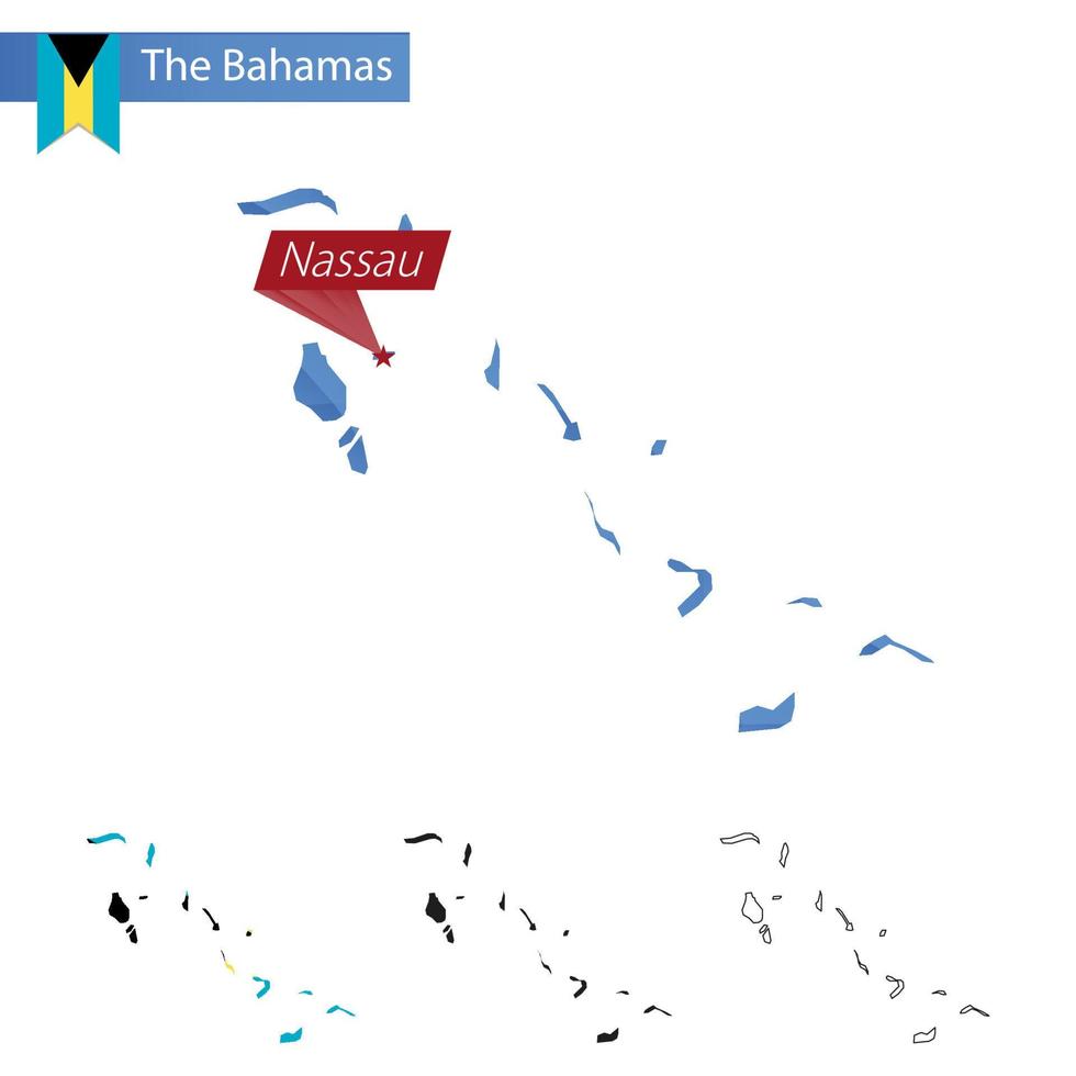 el mapa polivinílico bajo azul de bahamas con capital nassau. vector