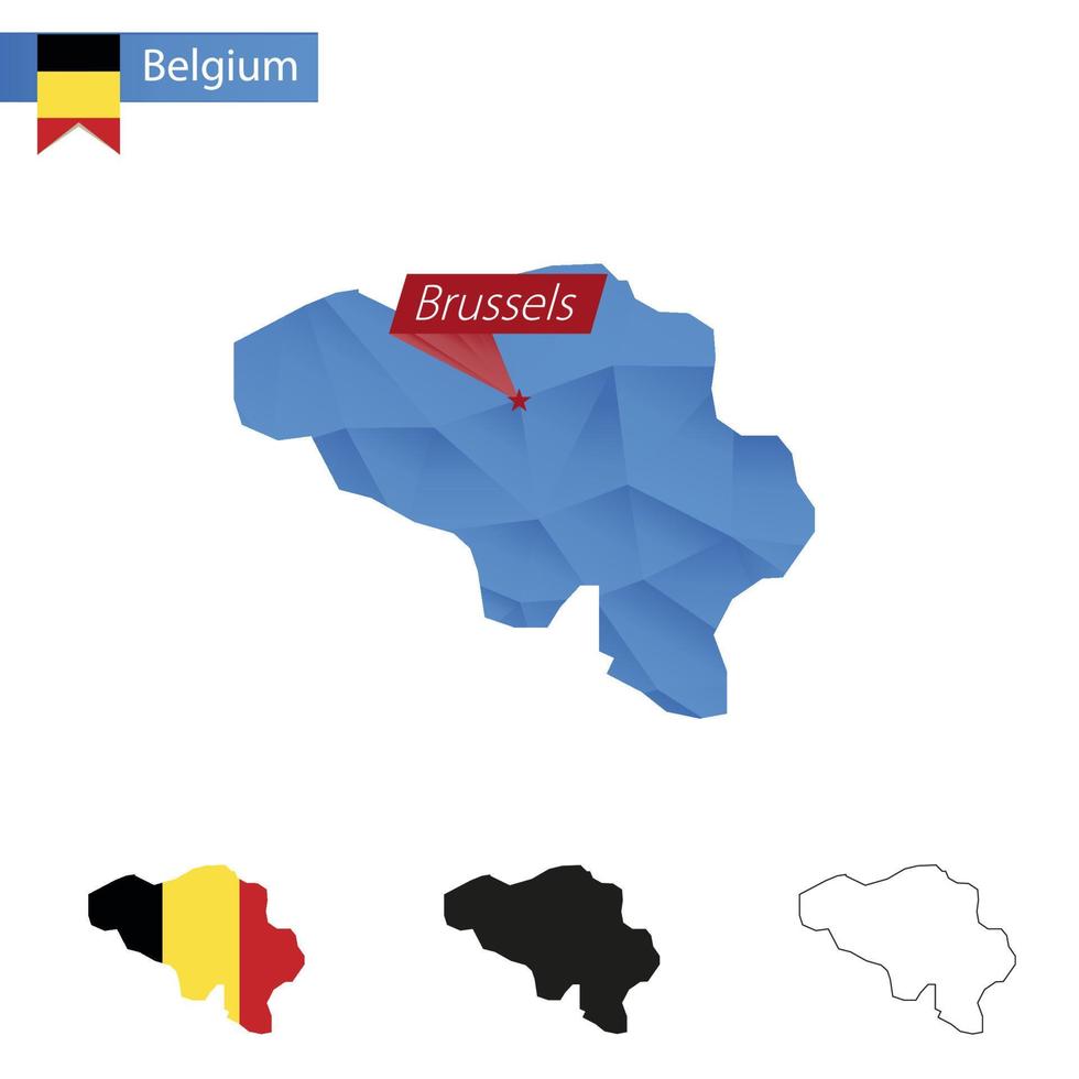 Belgium blue Low Poly map with capital Brussels. vector