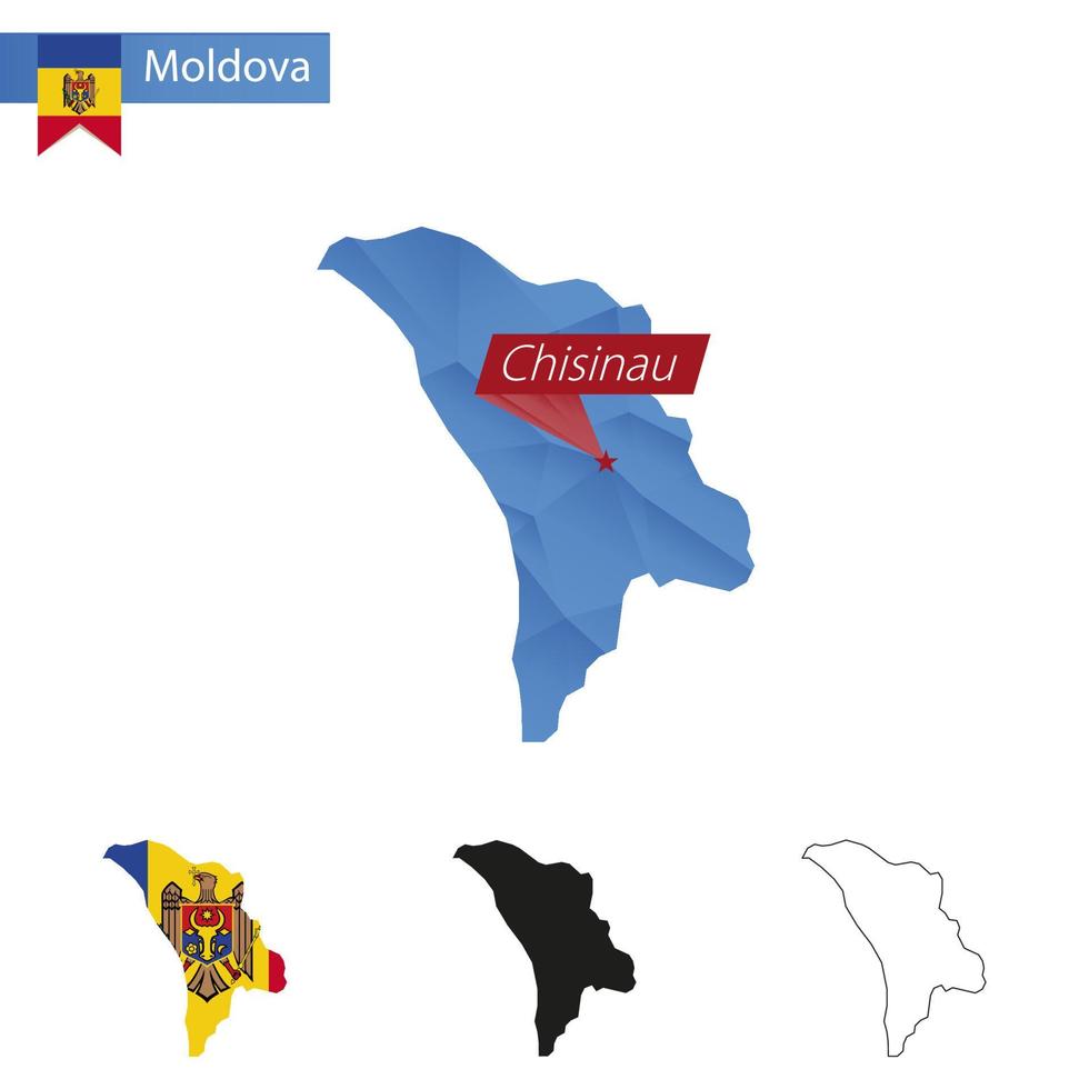 Moldova blue Low Poly map with capital Chisinau. vector