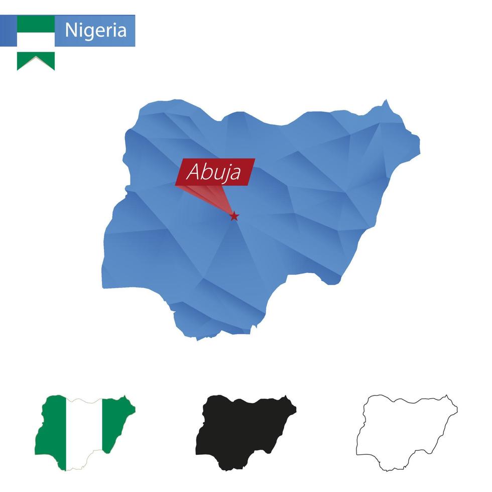 mapa polivinílico bajo azul de nigeria con capital abuja. vector