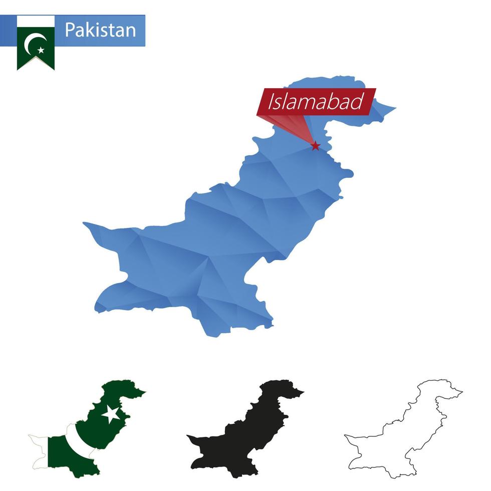 Mapa polivinílico bajo azul de pakistán con capital islamabad. vector