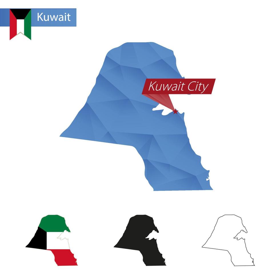 Mapa polivinílico bajo azul de kuwait con la ciudad capital de kuwait. vector