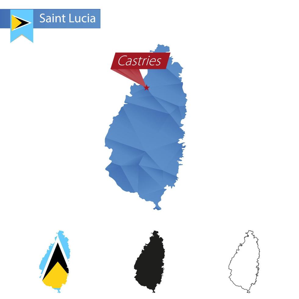 mapa de baja poli azul de santa lucía con capital castries. vector