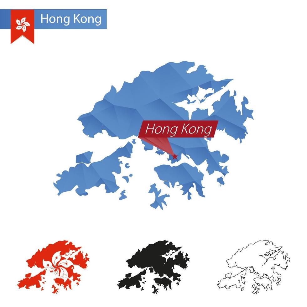 Hong Kong blue Low Poly map with capital. vector