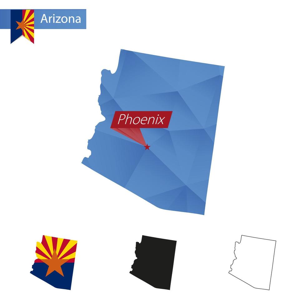 mapa polivinílico bajo azul del estado de arizona con capital phoenix. vector