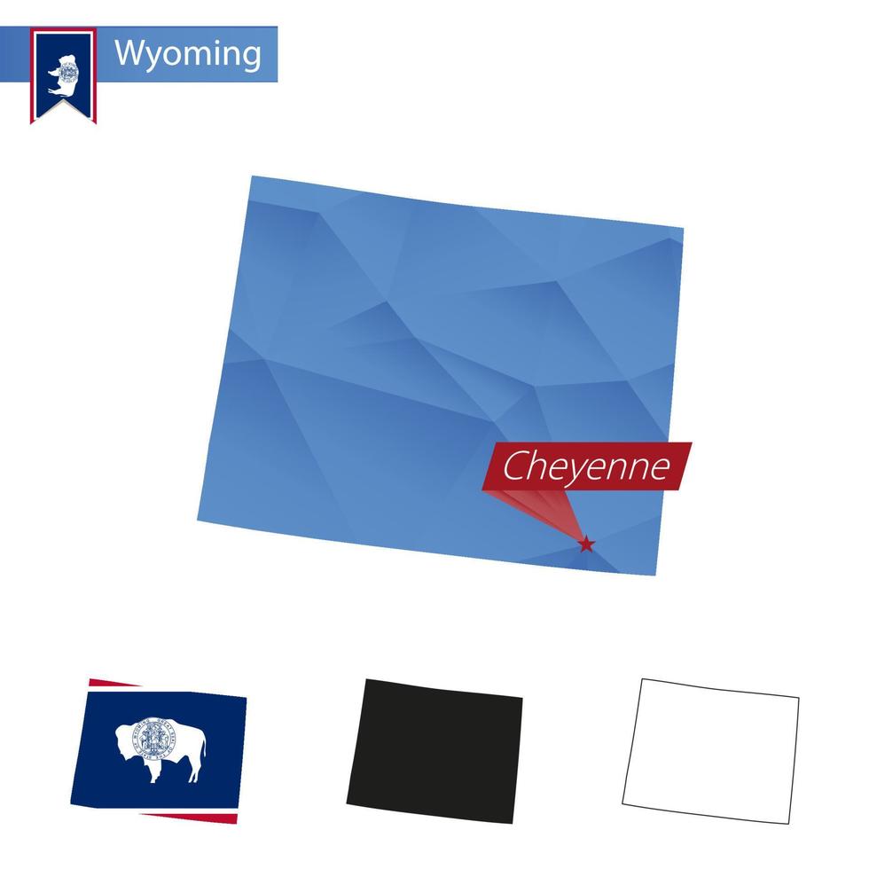 mapa polivinílico bajo azul del estado de wyoming con capital cheyenne. vector