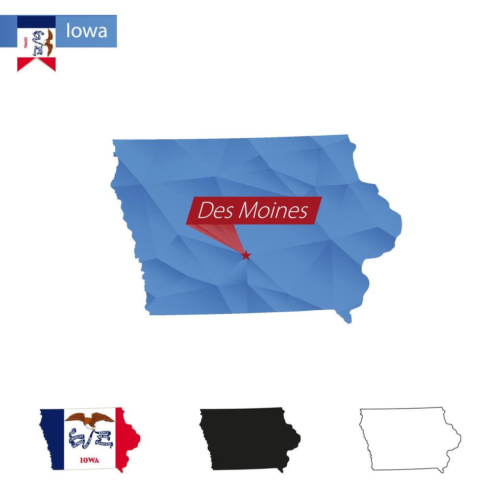 mapa polivinílico bajo del estado de iowa azul con capital des moines. vector