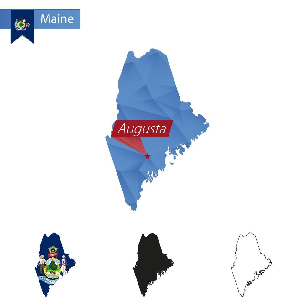 mapa polivinílico bajo del estado de maine azul con capital augusta. vector