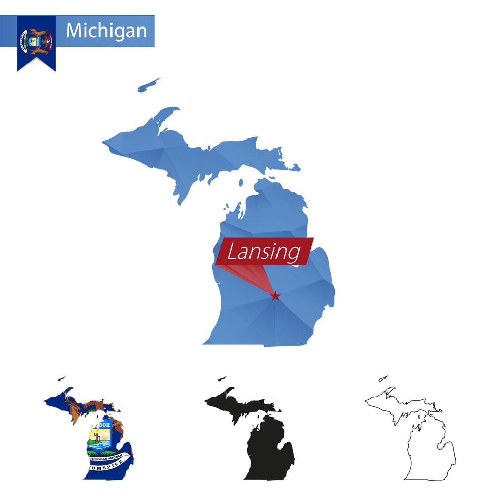 mapa polivinílico bajo azul del estado de michigan con capital lansing. vector