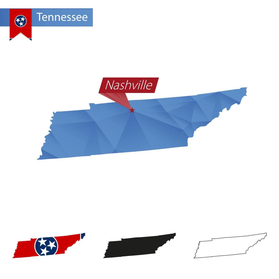 State of Tennessee blue Low Poly map with capital Nashville. vector